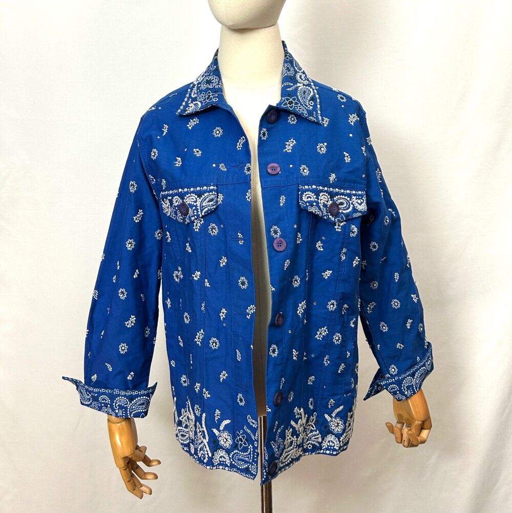 Vintage 90s Quacker Factory Blue Bandana Print Beaded Jacket Shirt